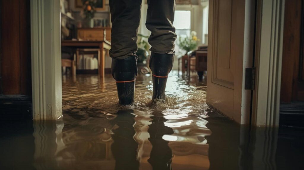 Person wearing black rubber boots standing in a flooded room with water covering the floor.