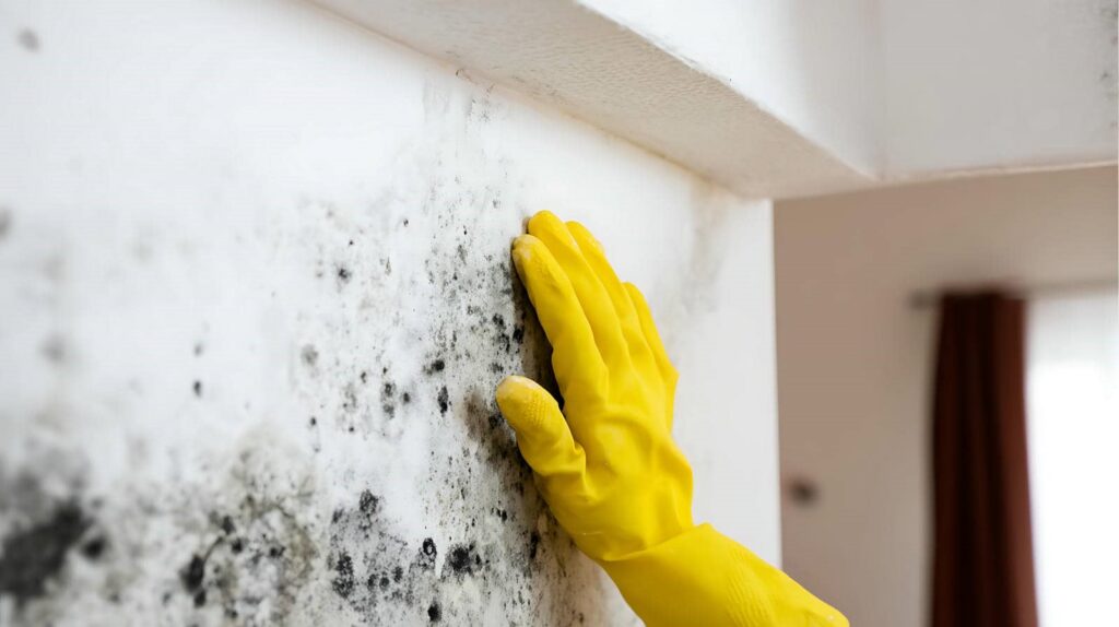 Hand in yellow glove touching a moldy white wall corner indoors.