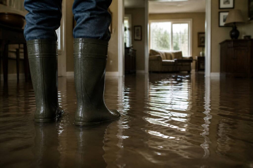Person in rain boots standing in a flooded living room.