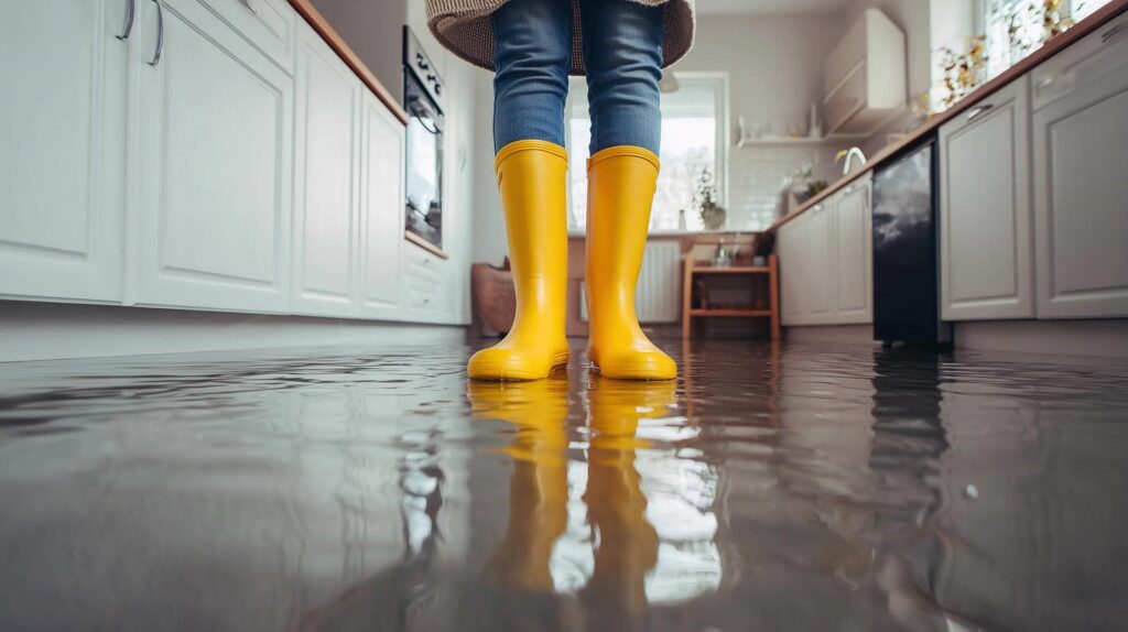 Person wearing yellow rain boots standing in a flooded kitchen with water covering the floor.