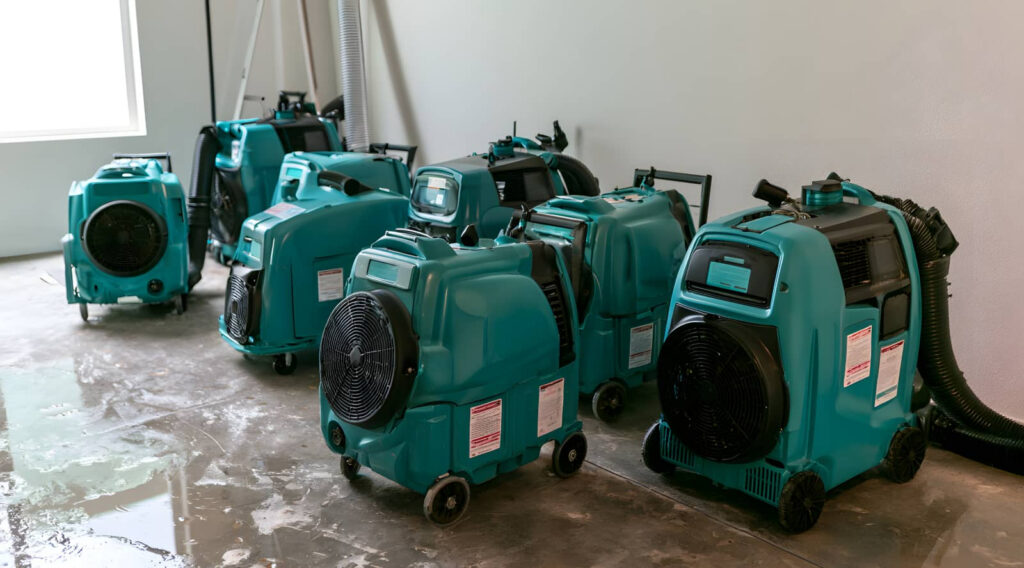 Several teal industrial air movers on a concrete floor.
