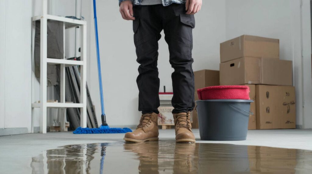 Person standing in a flooded room with a mop and bucket.