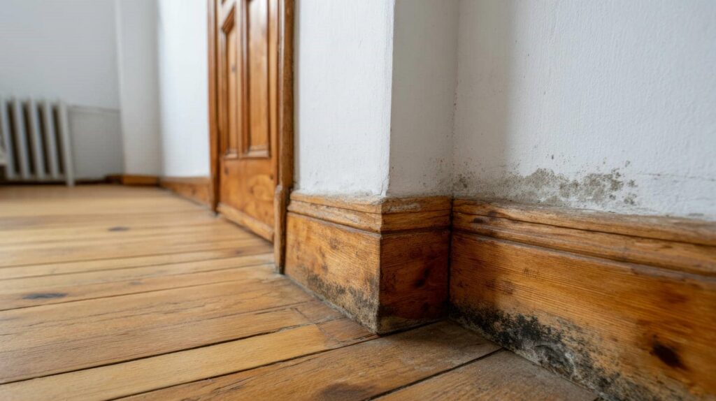 Black mold growing on wooden baseboards and white walls near a corner in a room with wooden flooring.