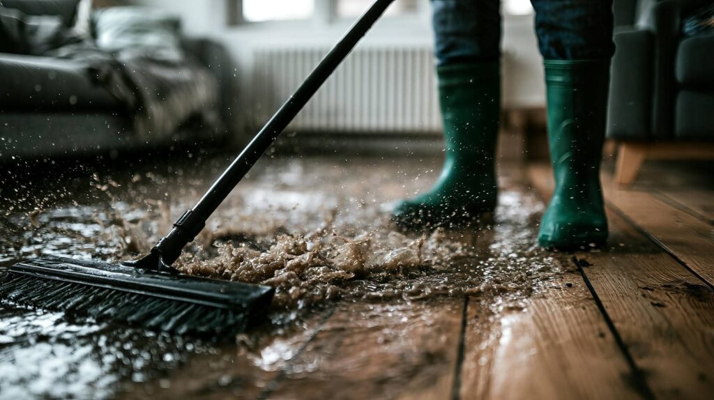 Person mopping a flooded wooden floor indoors.