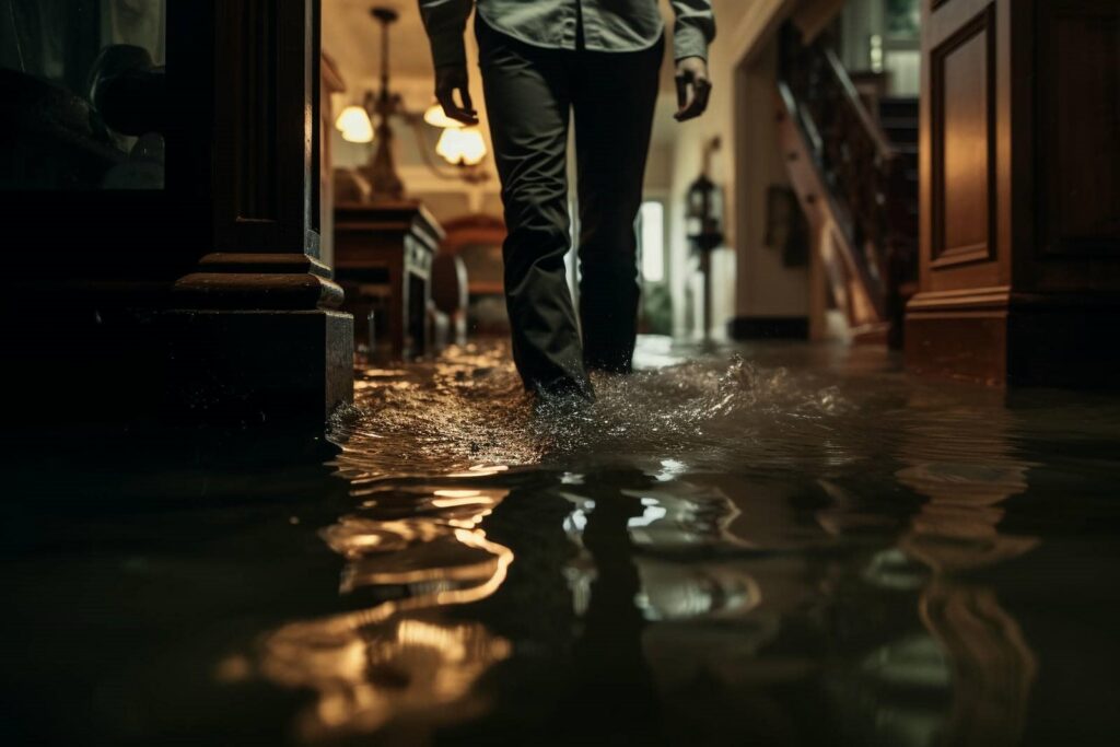 Person walking through a flooded indoor hallway with water splashing around their legs.