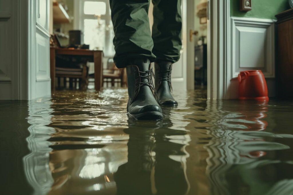 Person wearing boots walking through a flooded room with water covering the floor.