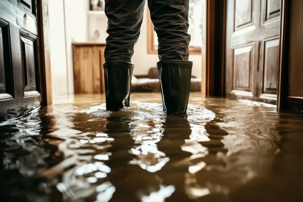 Person wearing black boots standing in a flooded room with water covering the floor.