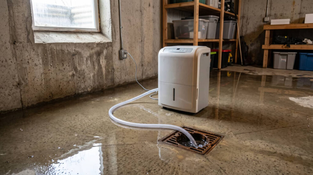 Dehumidifier draining water in a flooded basement.