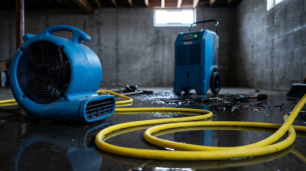 Blue industrial fans and hoses drying a flooded basement.