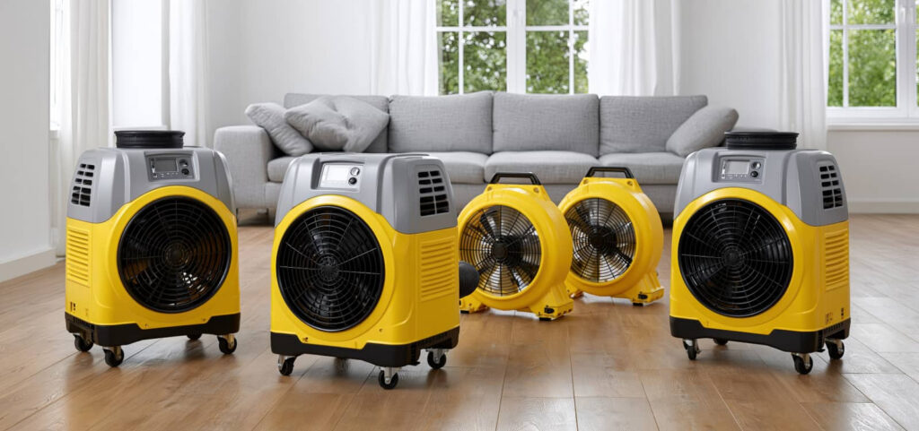 Five portable air movers in a living room.
