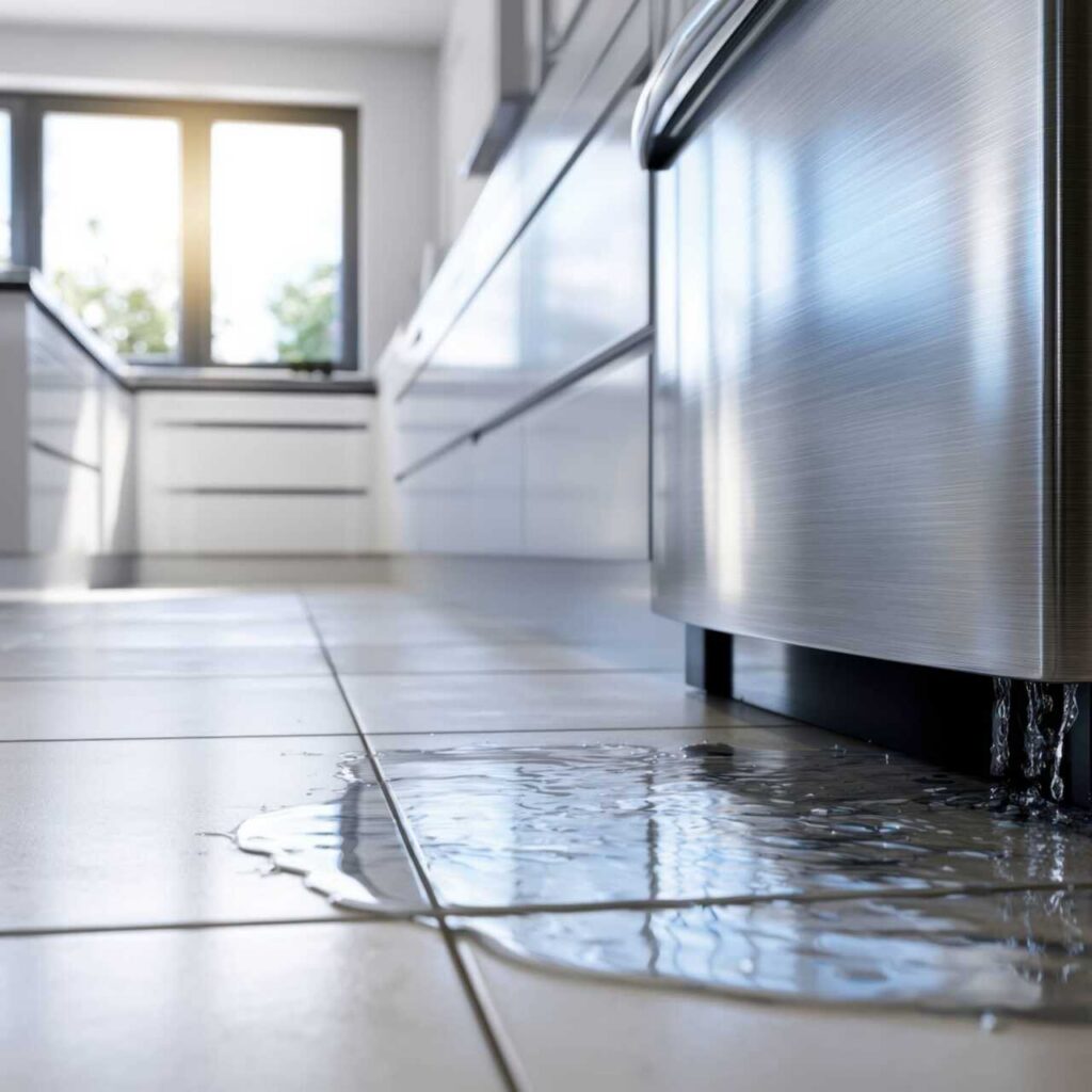 Water leaking from a stainless steel appliance onto a kitchen floor.
