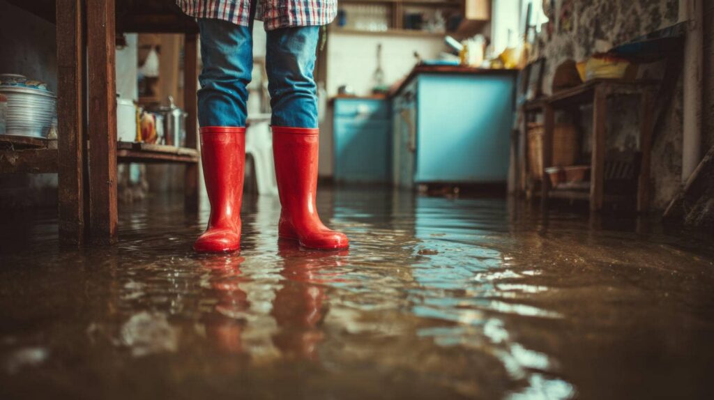Person wearing red rain boots standing in a flooded kitchen.