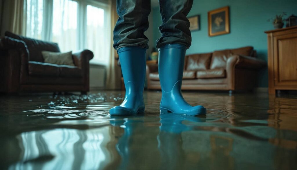 Person standing in flooded living room wearing blue rain boots.