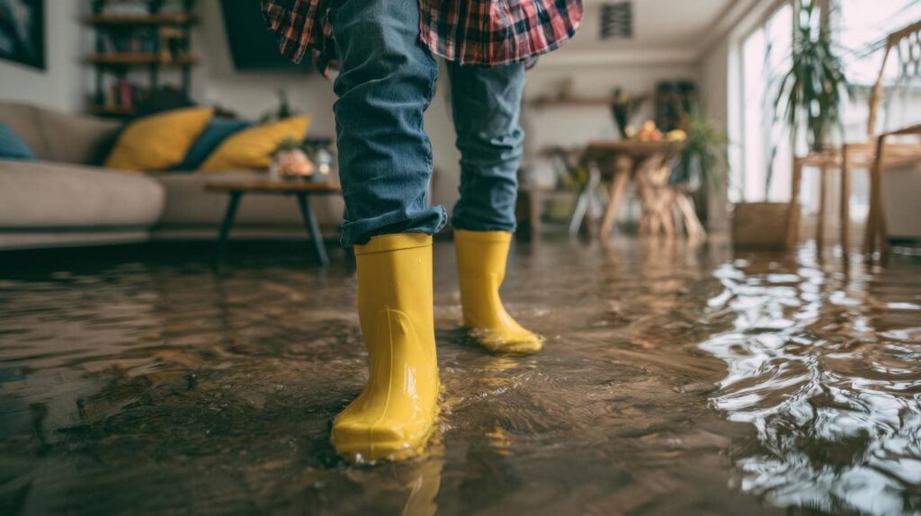 Person in yellow rain boots standing in a flooded living room.