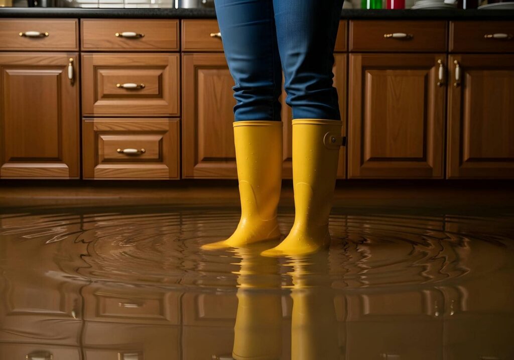 Person wearing yellow rain boots standing in flooded kitchen.