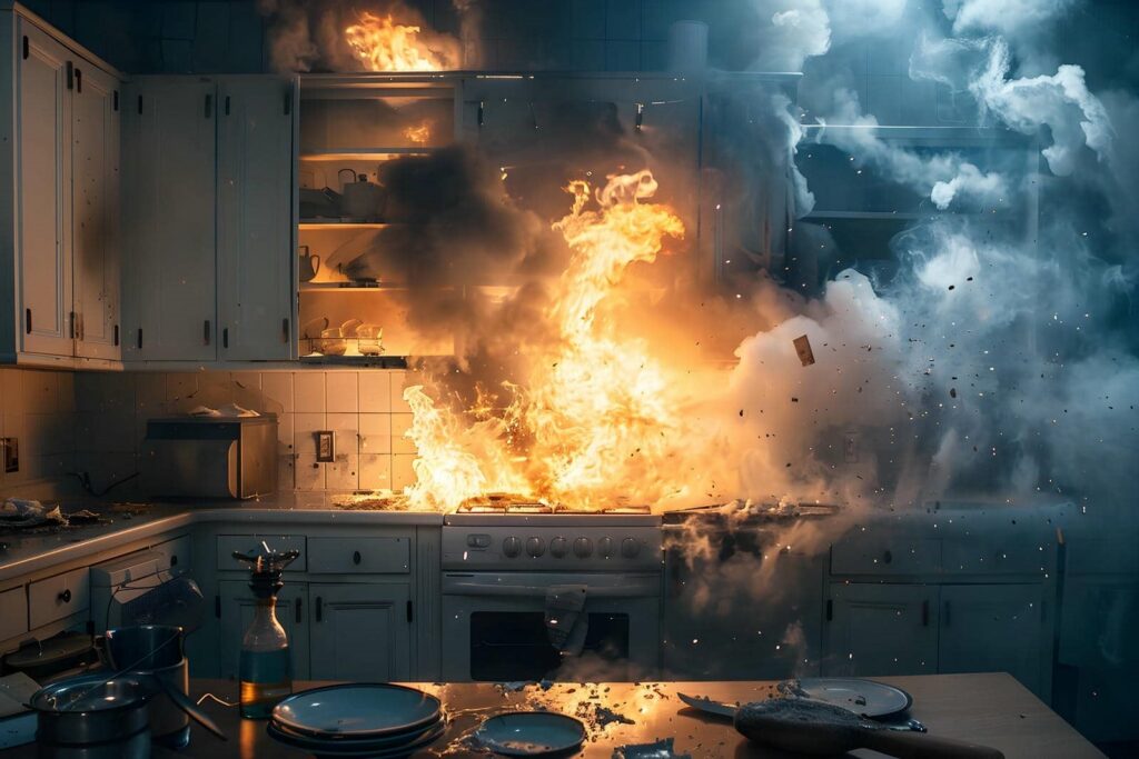 Kitchen stove engulfed in flames with smoke and debris spreading around.