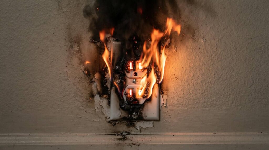 Burning electrical outlet with flames and smoke on a wall.