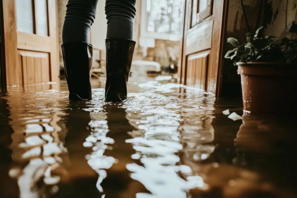 Person wearing black boots standing in a flooded room with water covering the floor.