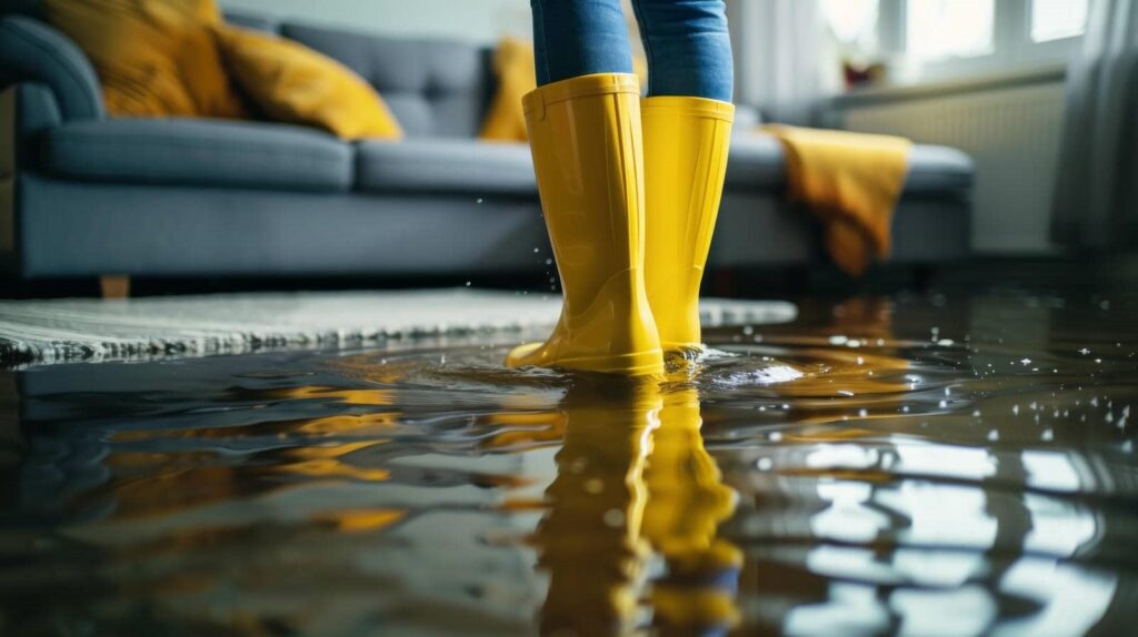 Person wearing yellow rain boots standing in a flooded living room with water covering the floor.
