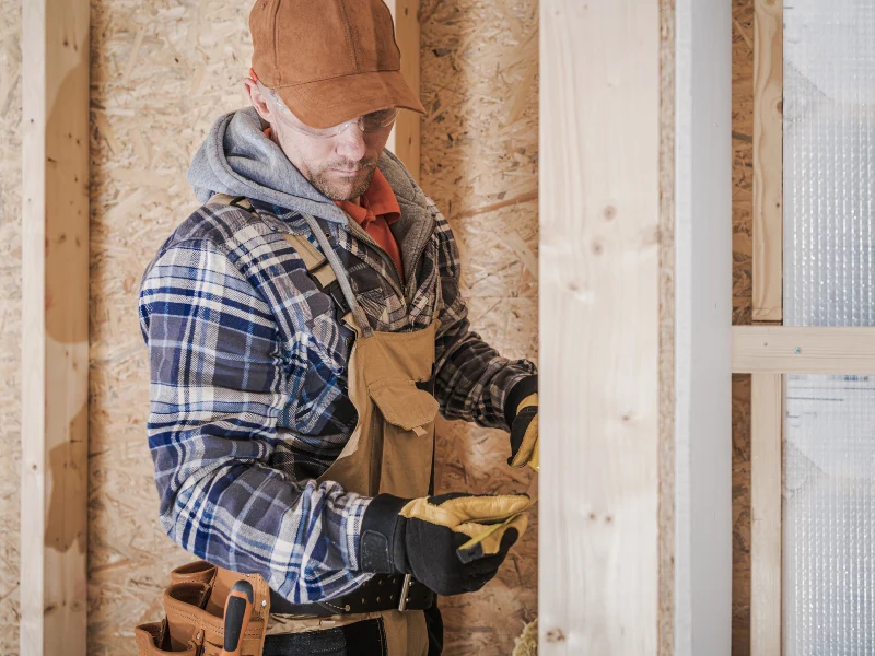 Construction worker in plaid shirt and gloves measuring wood inside a framed wall.