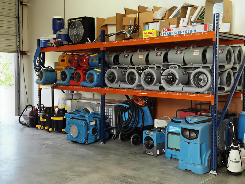 Industrial fans and dehumidifiers organized on metal shelves in a warehouse.