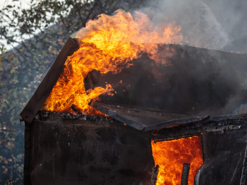 Flames and smoke engulf a large metal container or dumpster outdoors.