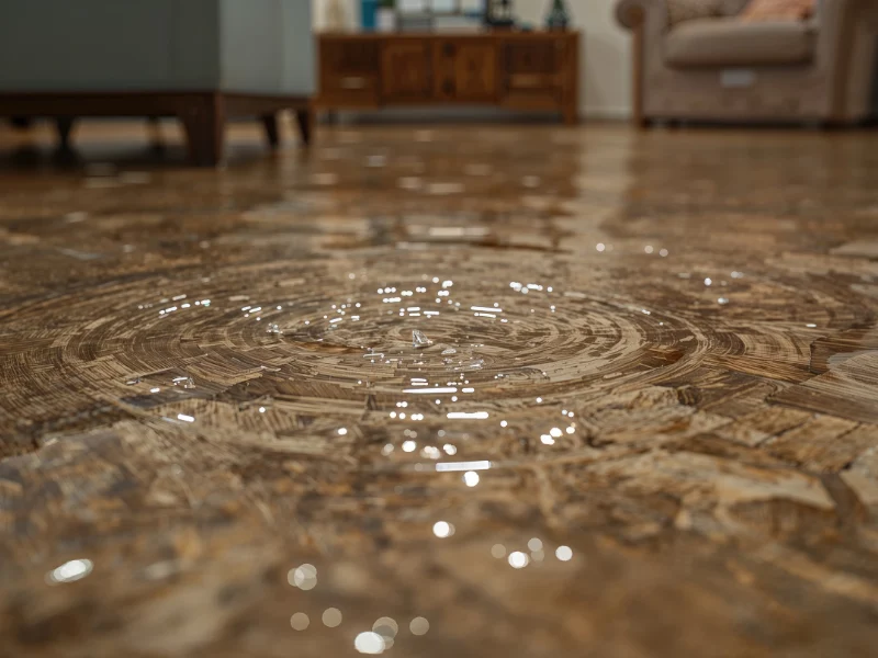 Water ripples on a wooden floor inside a living room with furniture in the background.