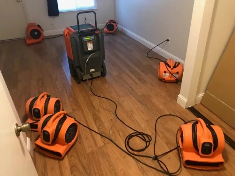 Multiple orange floor fans and a large dehumidifier drying a hardwood floor in a room.