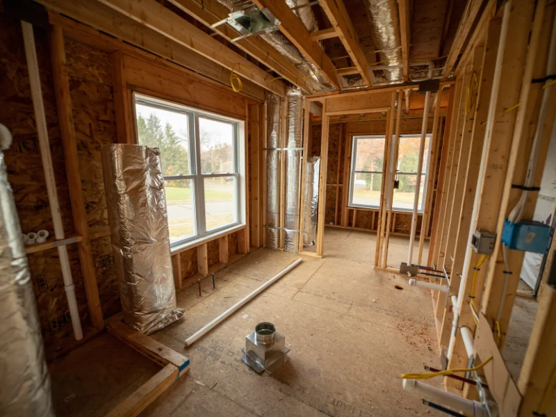 Interior of a house under construction with exposed wooden framing and ductwork.