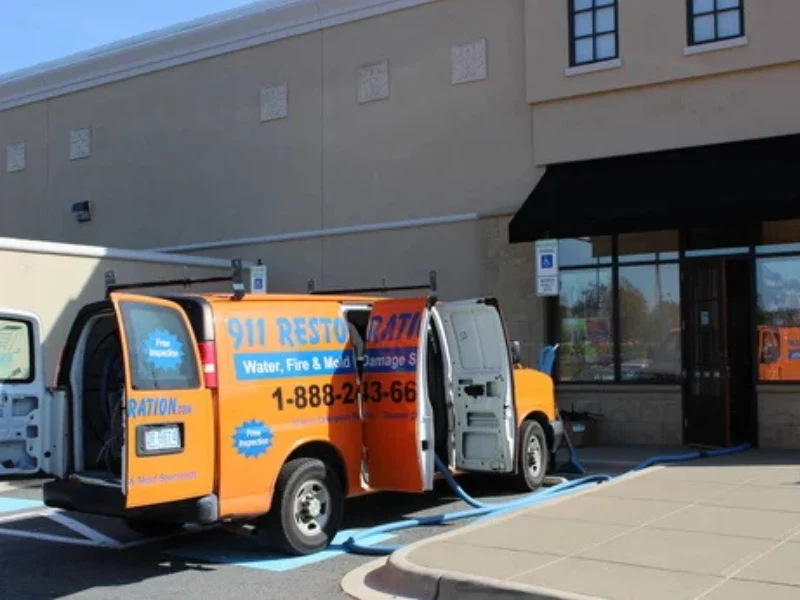 Orange restoration van with open doors and hoses connected, parked outside a commercial building.