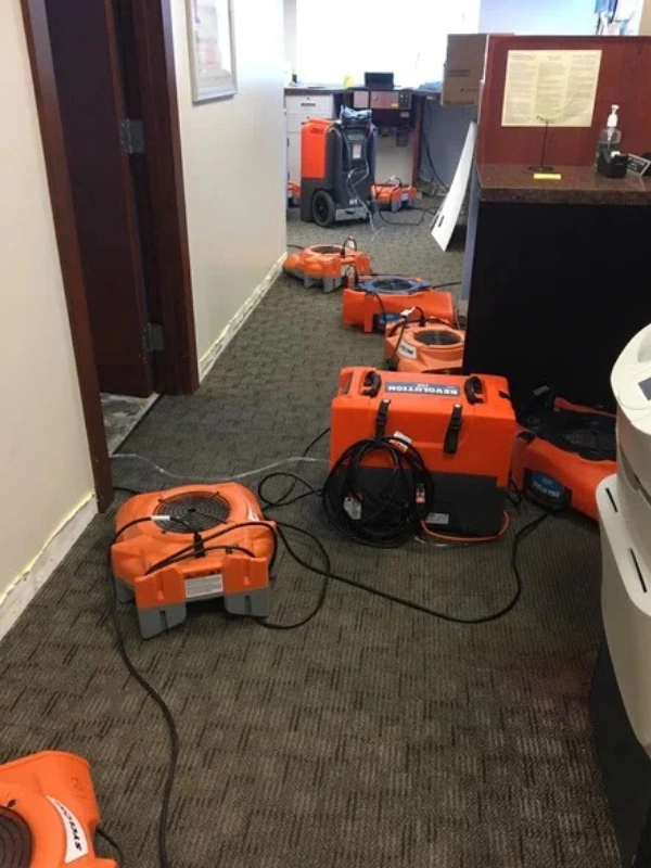 Orange water damage drying equipment lined up in an office hallway.