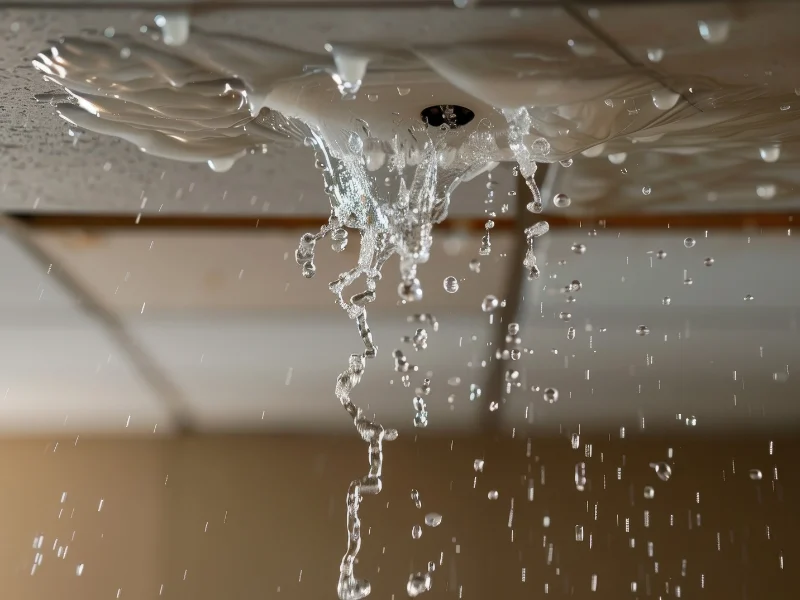 Water spraying from a ceiling fire sprinkler head.