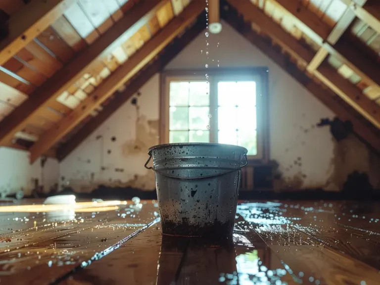 Metal bucket catching water dripping from a leak in a wooden attic ceiling.